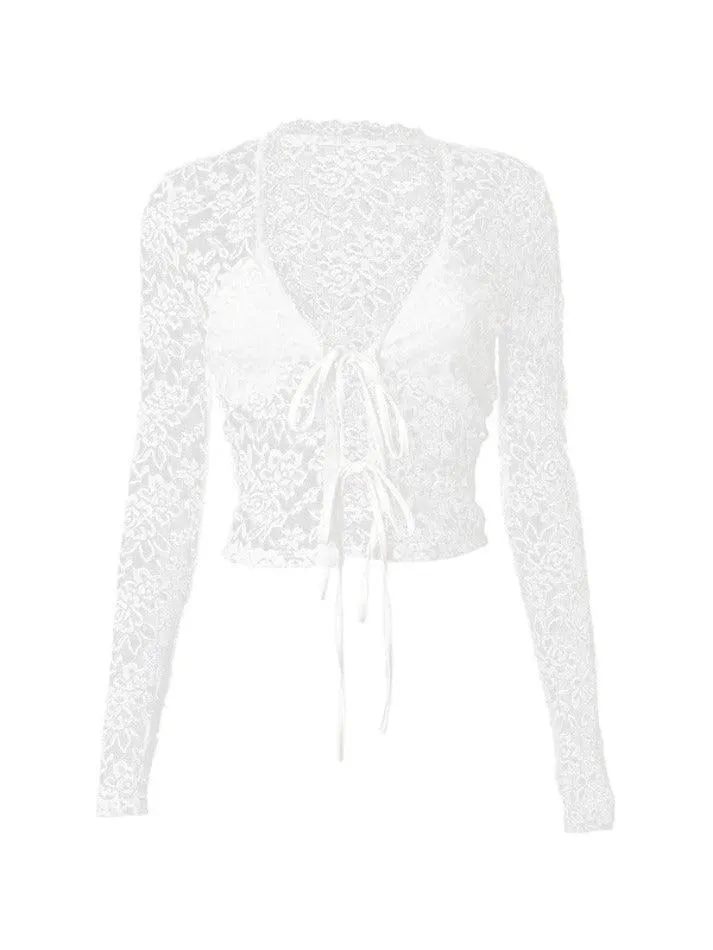Lace Tie Front Cardigan Long Sleeve Blouse