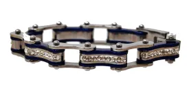 Ladies Two Tone Silver and Dark Purple Bike Chain Bracelet with White Crystal Centers