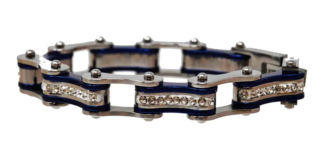 Ladies Two Tone Silver and Dark Purple Bike Chain Bracelet with White Crystal Centers