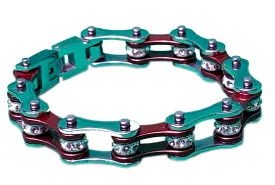 Ladies Two Tone Silver, Burgundy and Silver Bike Chain Bracelet with White Crystal Centers