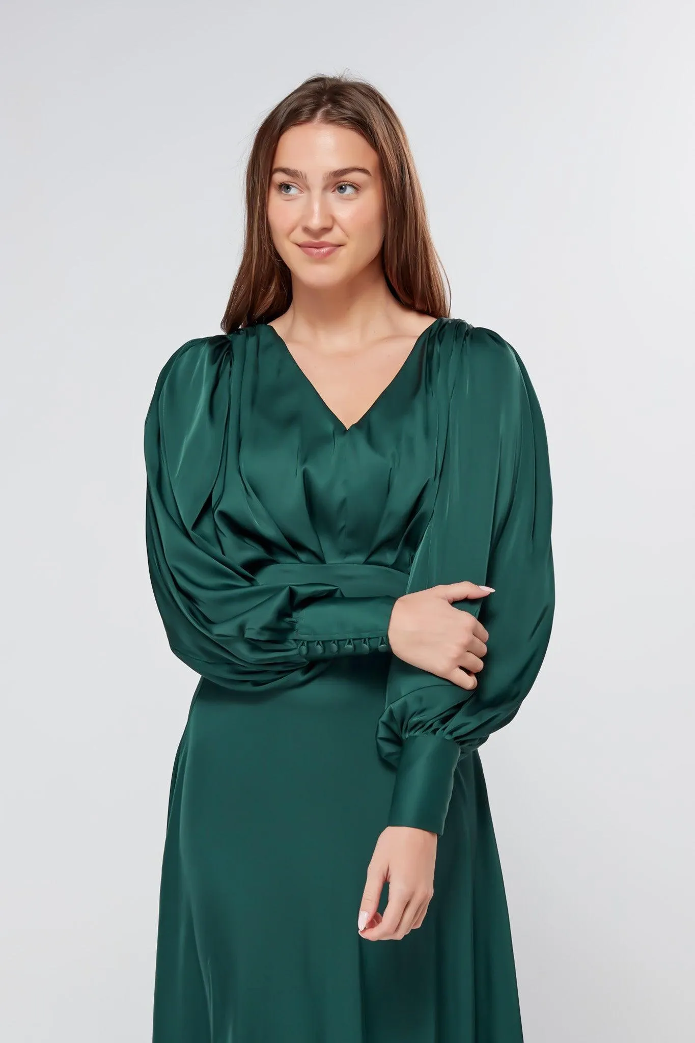Layla Emerald Green Satin Maxi Dress With Long Sleeves