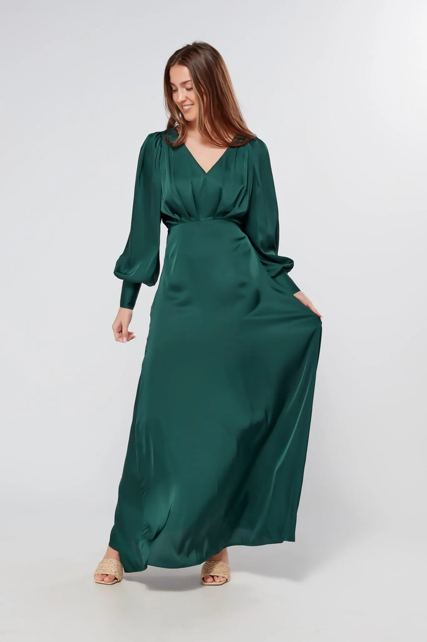 Layla Emerald Green Satin Maxi Dress With Long Sleeves