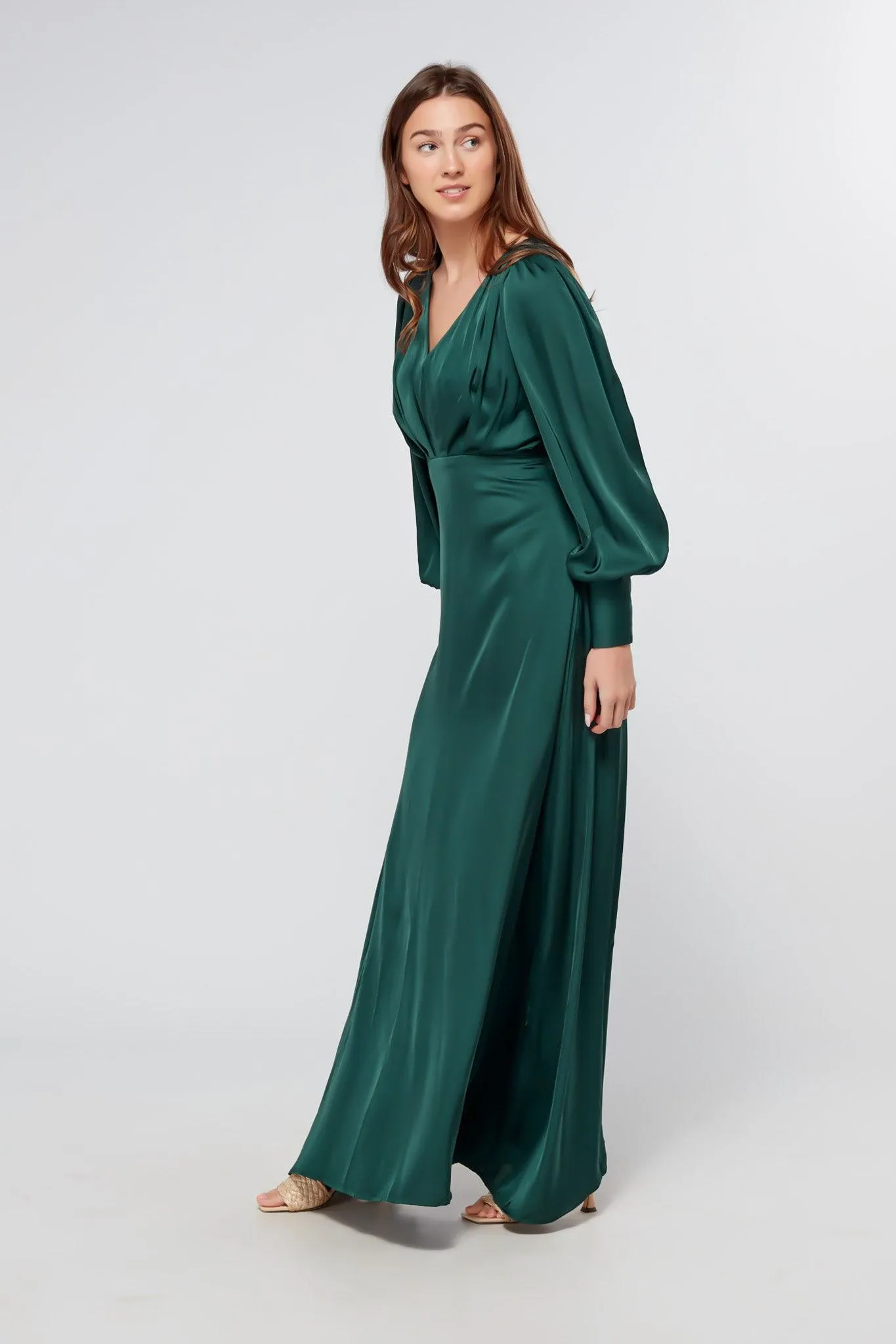 Layla Emerald Green Satin Maxi Dress With Long Sleeves
