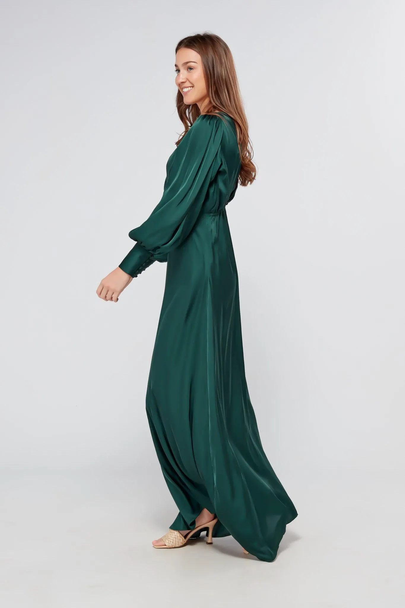 Layla Emerald Green Satin Maxi Dress With Long Sleeves