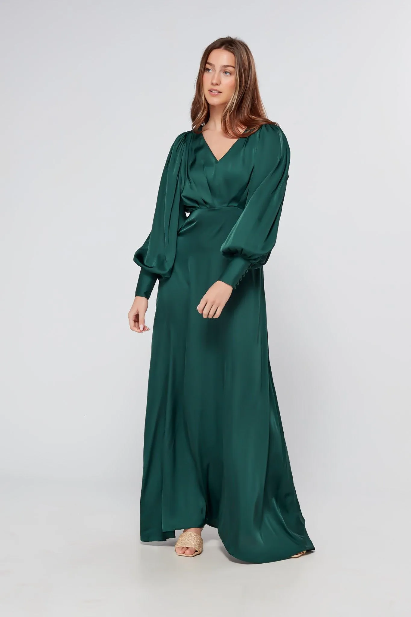 Layla Emerald Green Satin Maxi Dress With Long Sleeves