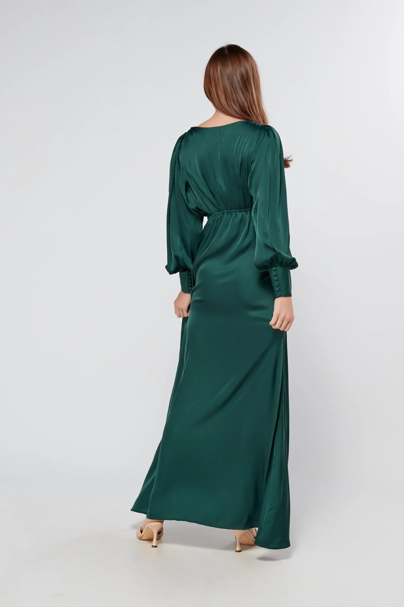 Layla Emerald Green Satin Maxi Dress With Long Sleeves