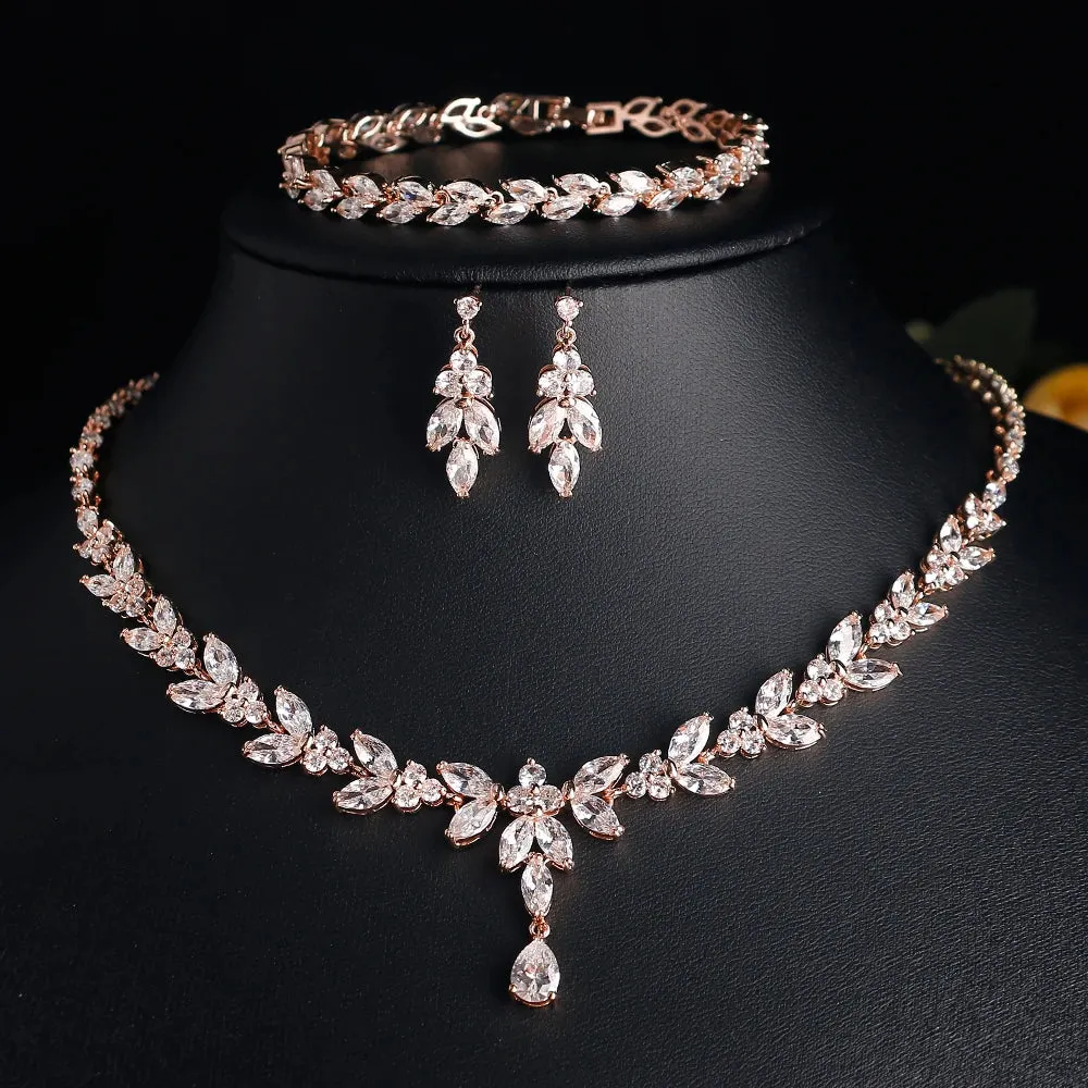Leaf Bridal Jewelry Set - Necklace, Earrings, Bracelet, and Ring in Silver, Rose Gold, and Gold
