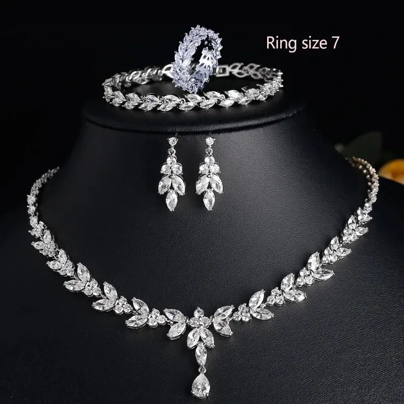 Leaf Bridal Jewelry Set - Necklace, Earrings, Bracelet, and Ring in Silver, Rose Gold, and Gold