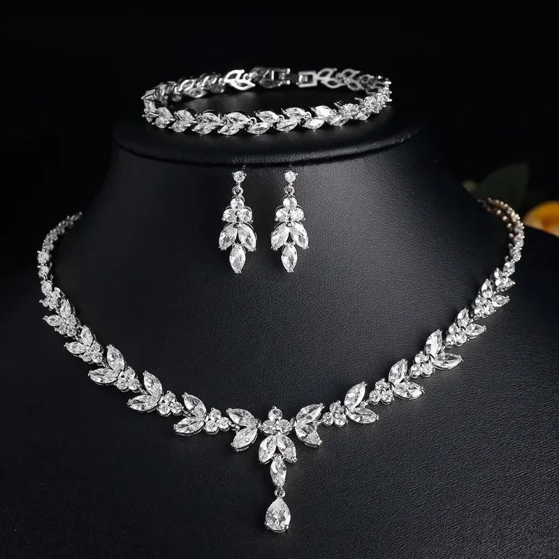 Leaf Bridal Jewelry Set - Necklace, Earrings, Bracelet, and Ring in Silver, Rose Gold, and Gold
