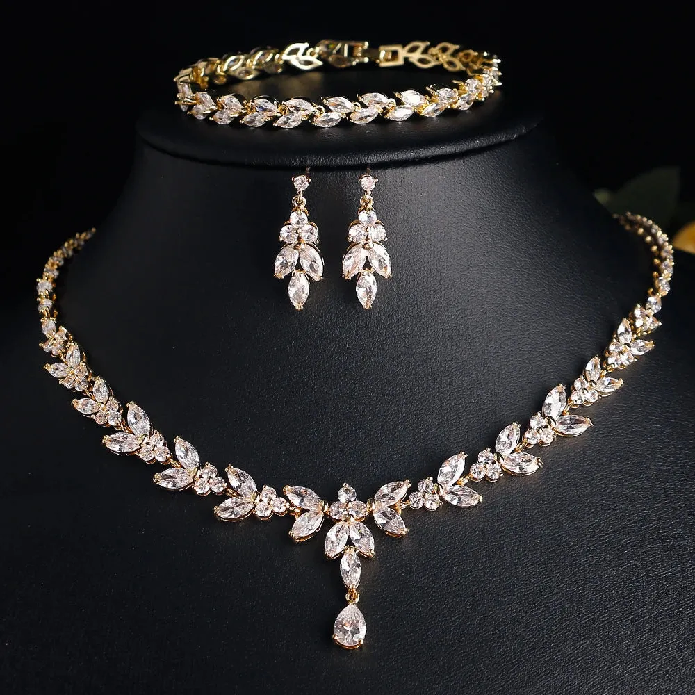 Leaf Bridal Jewelry Set - Necklace, Earrings, Bracelet, and Ring in Silver, Rose Gold, and Gold