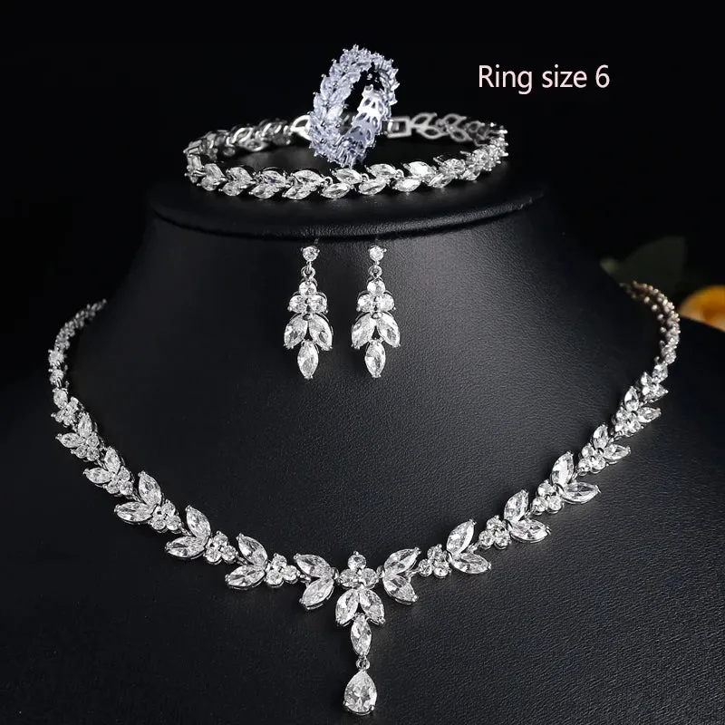 Leaf Bridal Jewelry Set - Necklace, Earrings, Bracelet, and Ring in Silver, Rose Gold, and Gold