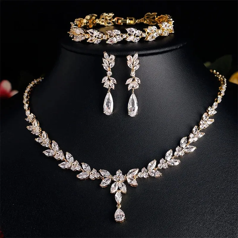 Leaf Bridal Jewelry Set - Necklace, Earrings, Bracelet, and Ring in Silver, Rose Gold, and Gold