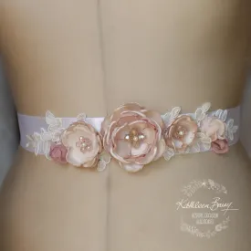 Leah Wedding dress sash belt - floral with lace - Blush pink and dusty pink - bridal accessories