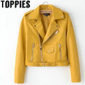 Leather Jackets 2019 Spring Bright Yellow Women   Zipper Leather Coa