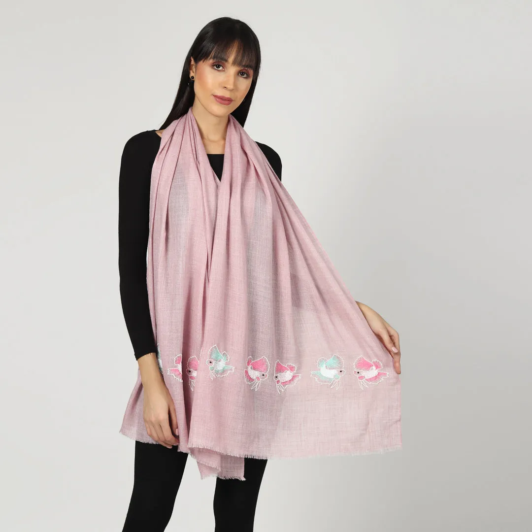 Light Pink Woolen Shawl, Fine Wool, Hand Embroidered Winter Shawl