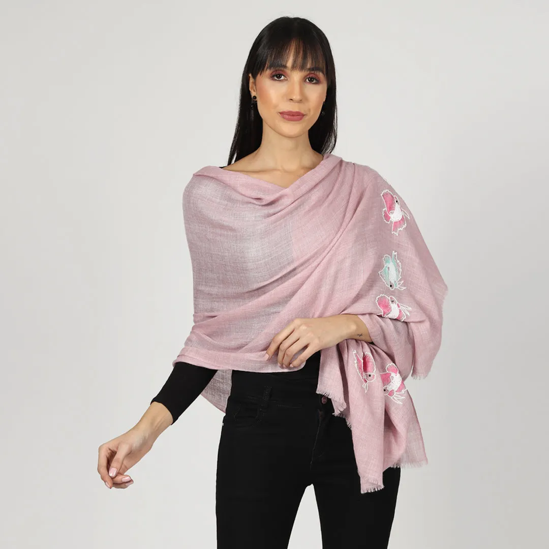 Light Pink Woolen Shawl, Fine Wool, Hand Embroidered Winter Shawl