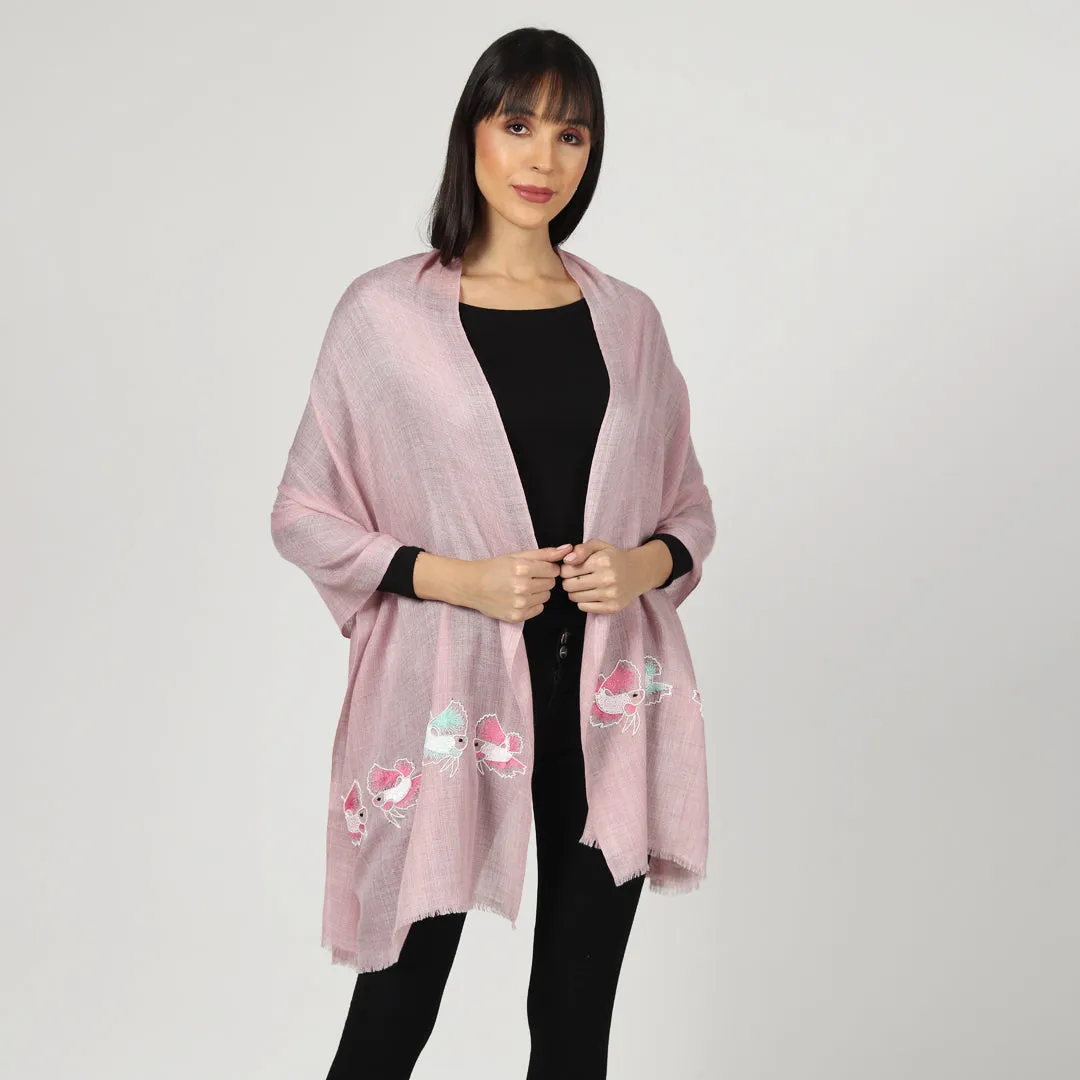 Light Pink Woolen Shawl, Fine Wool, Hand Embroidered Winter Shawl