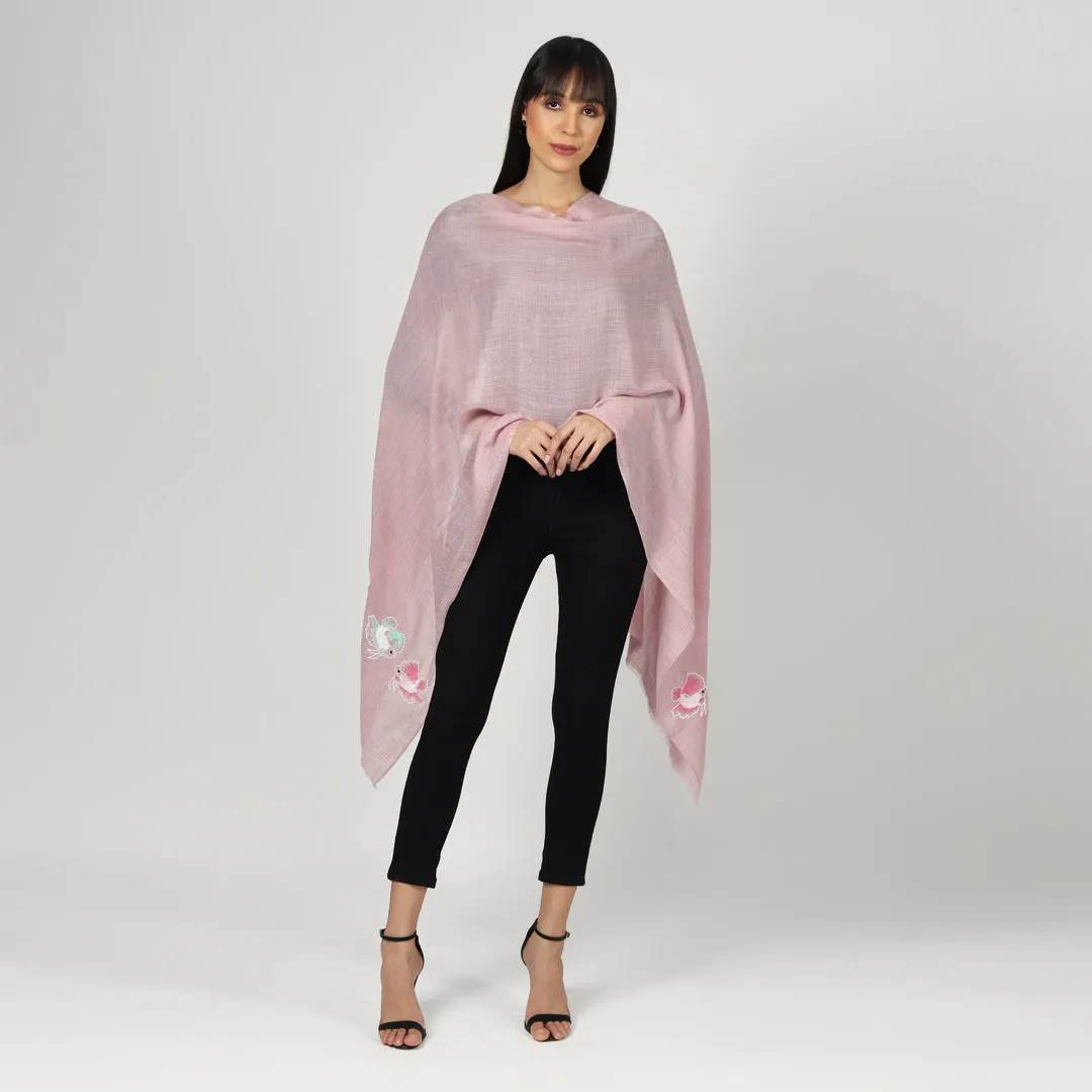 Light Pink Woolen Shawl, Fine Wool, Hand Embroidered Winter Shawl