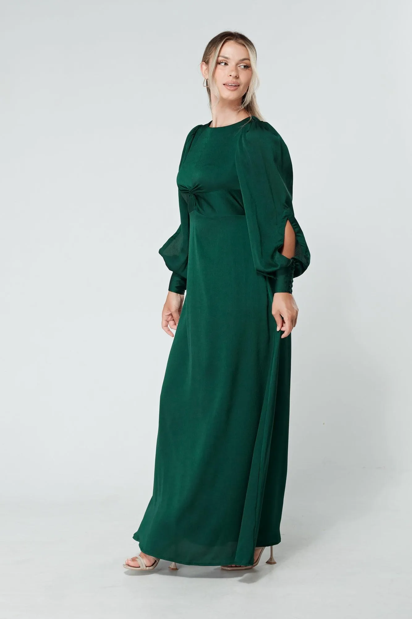 Lila Dark Green Knotted Front Soft Crepe Maxi Dress