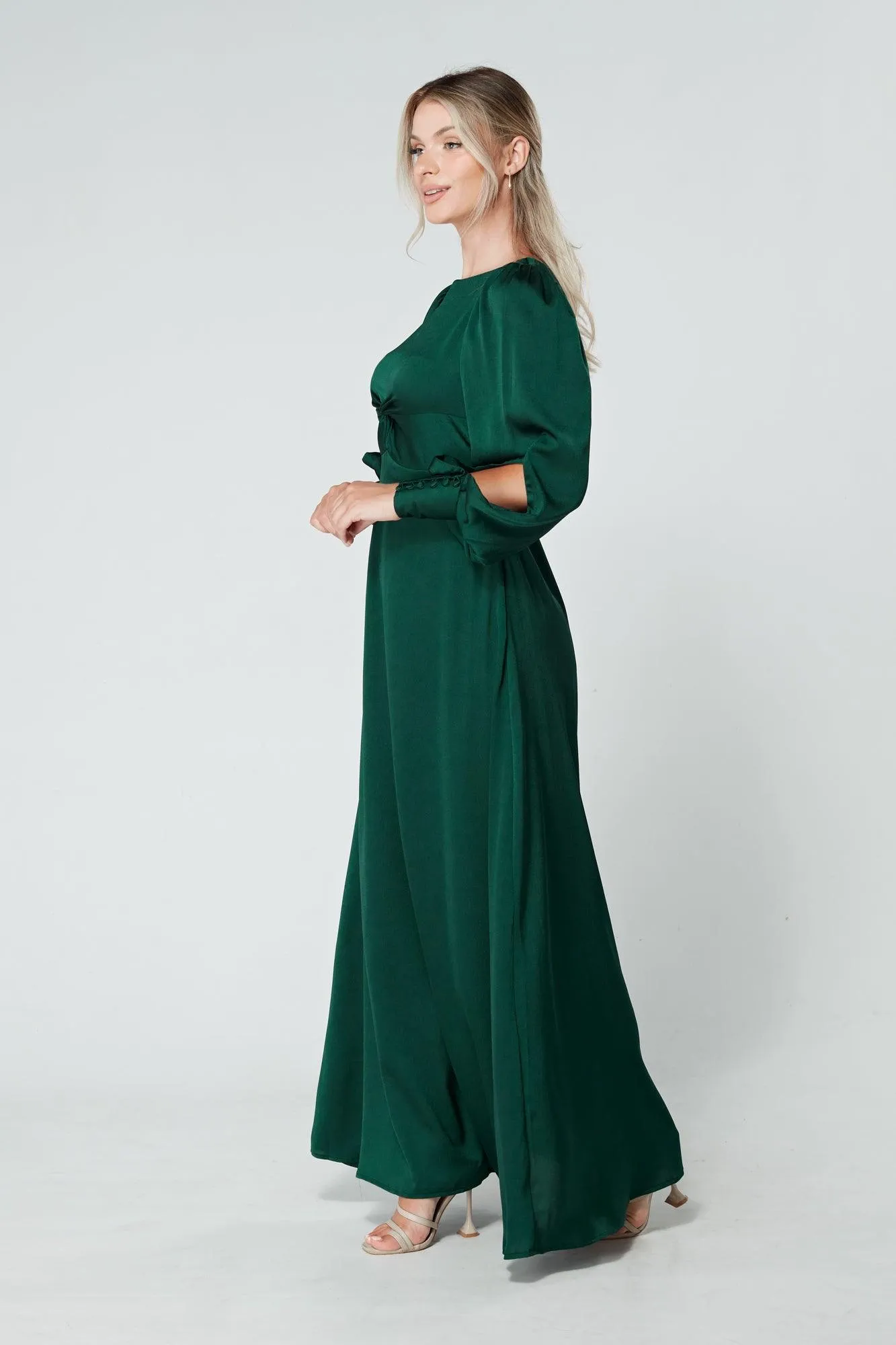 Lila Dark Green Knotted Front Soft Crepe Maxi Dress