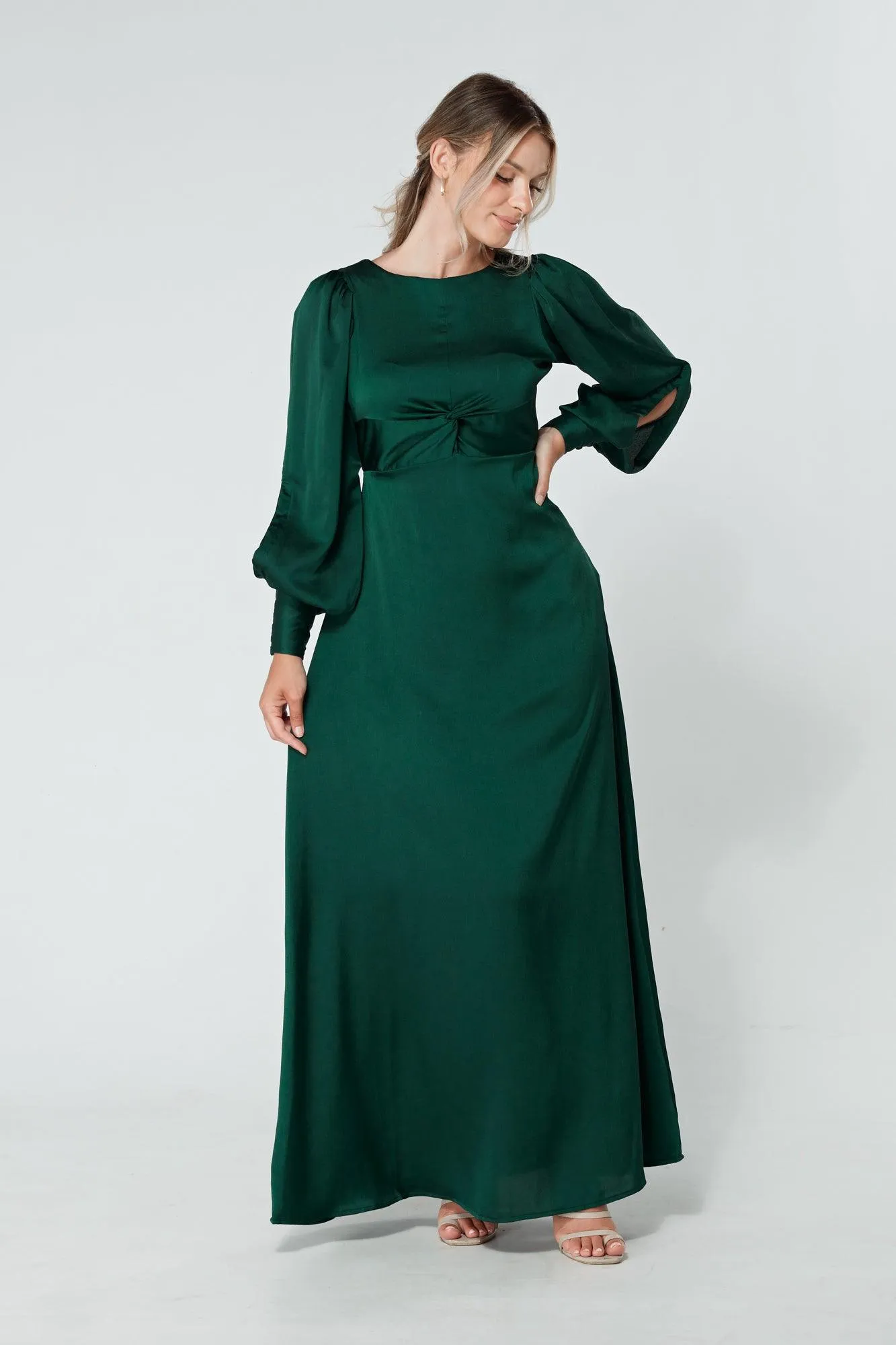 Lila Dark Green Knotted Front Soft Crepe Maxi Dress