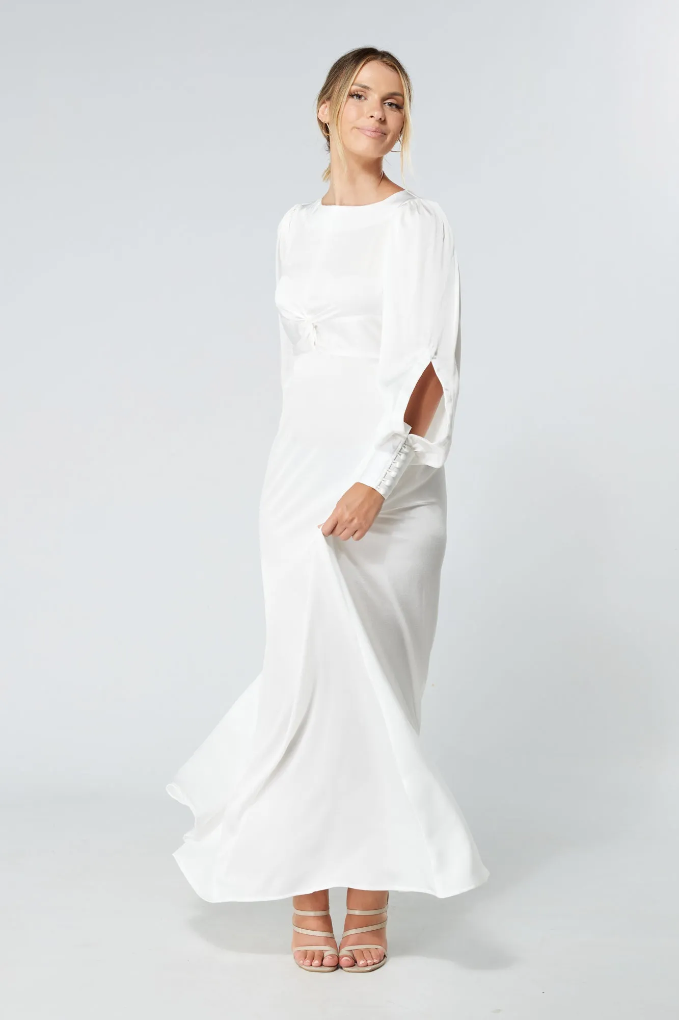 Soft Crepe Maxi Dress in Lila White with Knotted Front Detail
