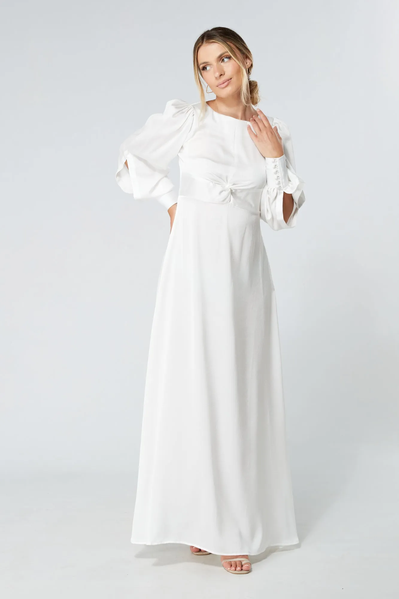 Soft Crepe Maxi Dress in Lila White with Knotted Front Detail