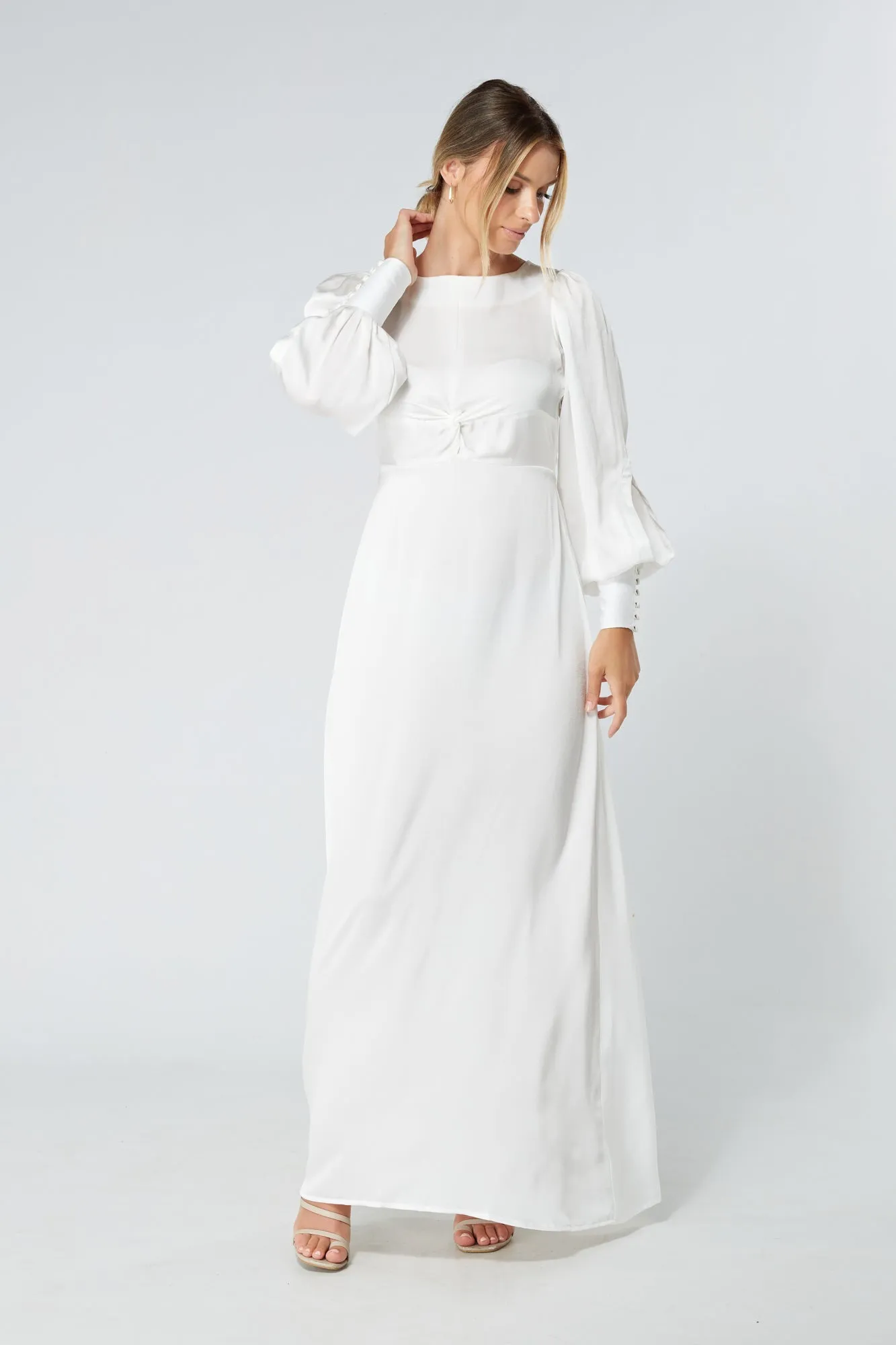 Soft Crepe Maxi Dress in Lila White with Knotted Front Detail
