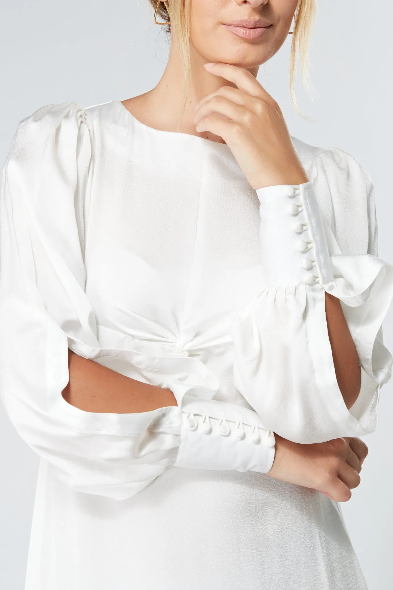 Soft Crepe Maxi Dress in Lila White with Knotted Front Detail