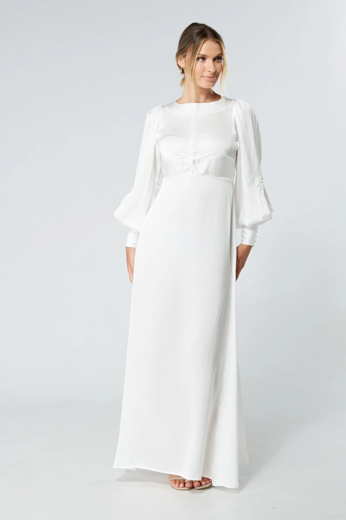 Soft Crepe Maxi Dress in Lila White with Knotted Front Detail