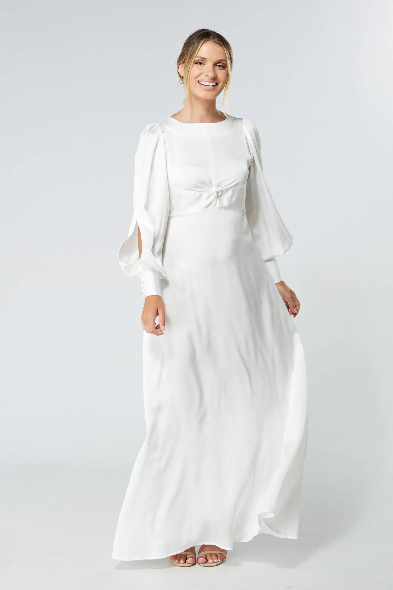 Soft Crepe Maxi Dress in Lila White with Knotted Front Detail