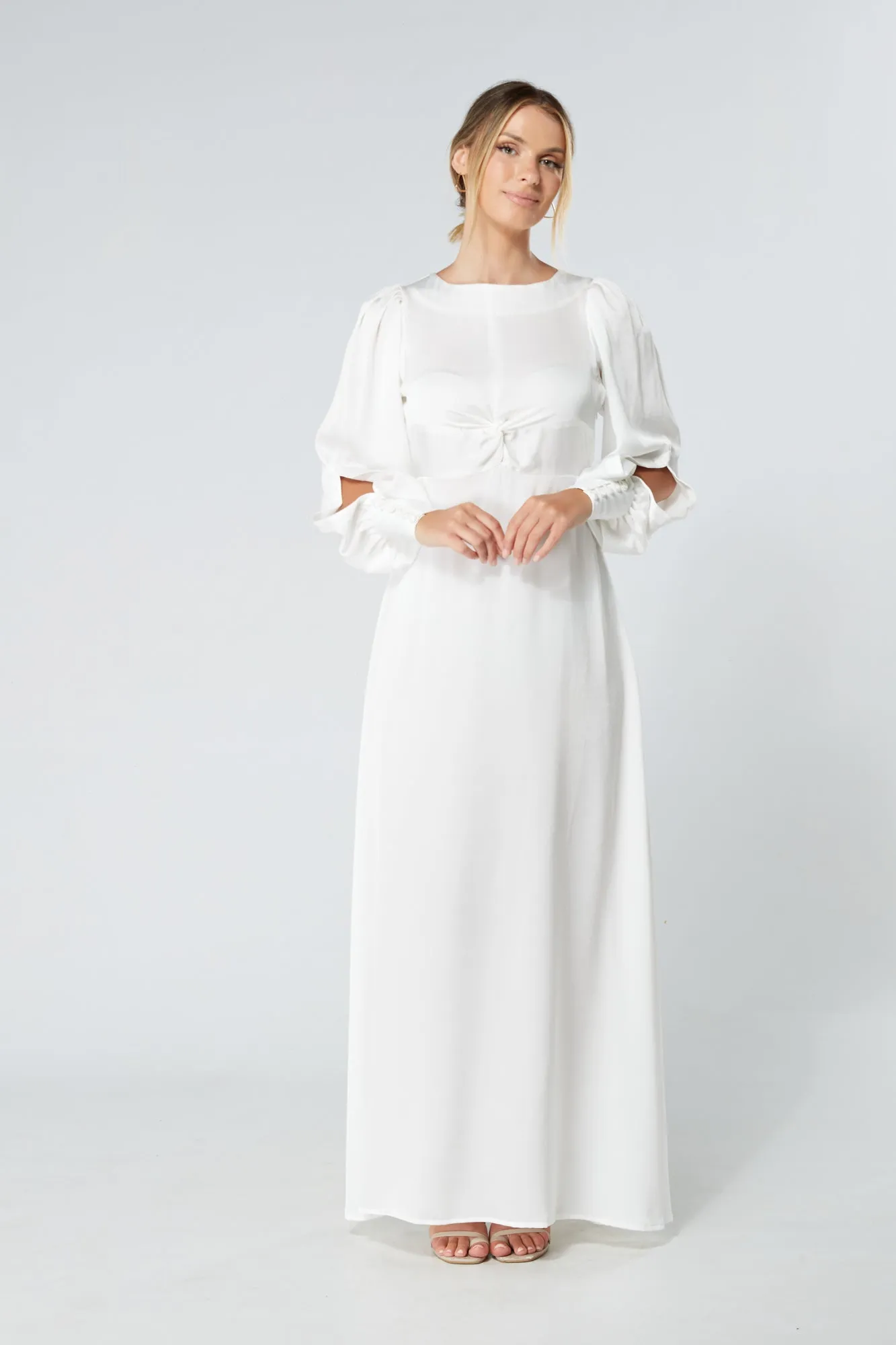 Soft Crepe Maxi Dress in Lila White with Knotted Front Detail