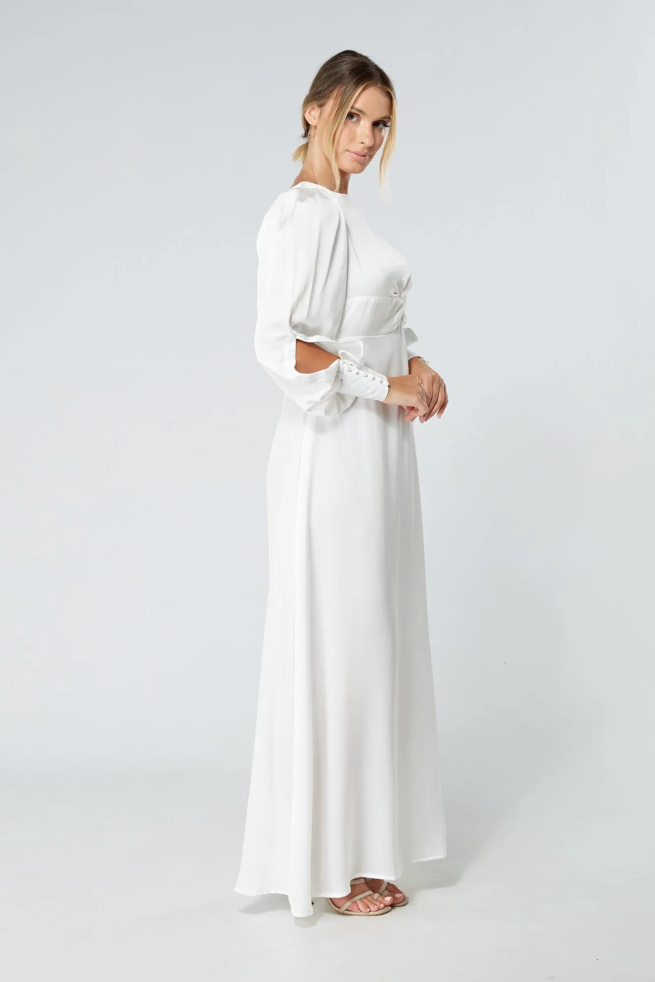 Soft Crepe Maxi Dress in Lila White with Knotted Front Detail