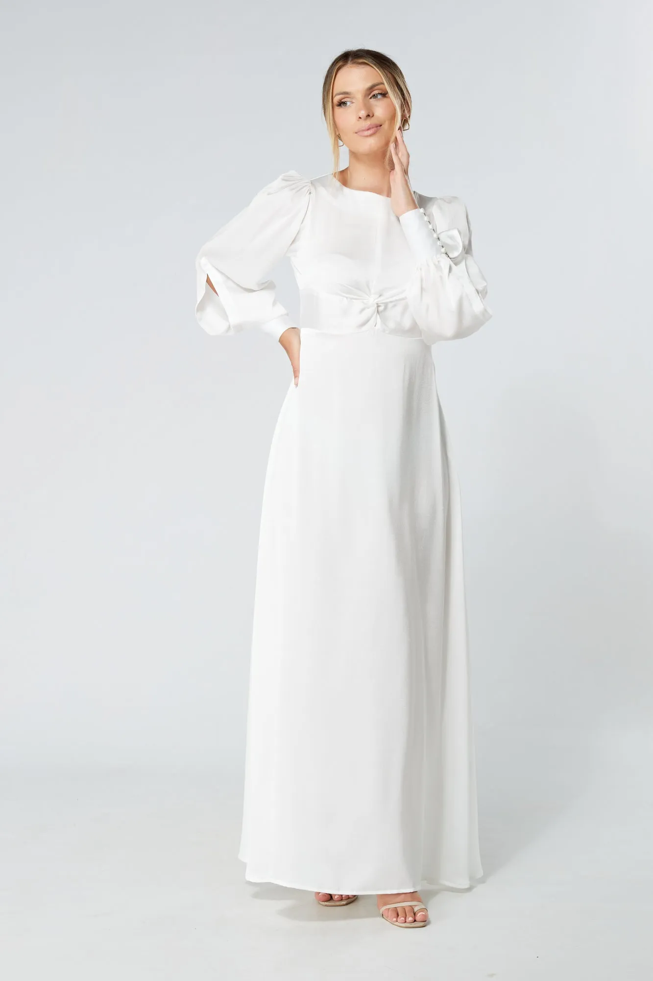 Soft Crepe Maxi Dress in Lila White with Knotted Front Detail