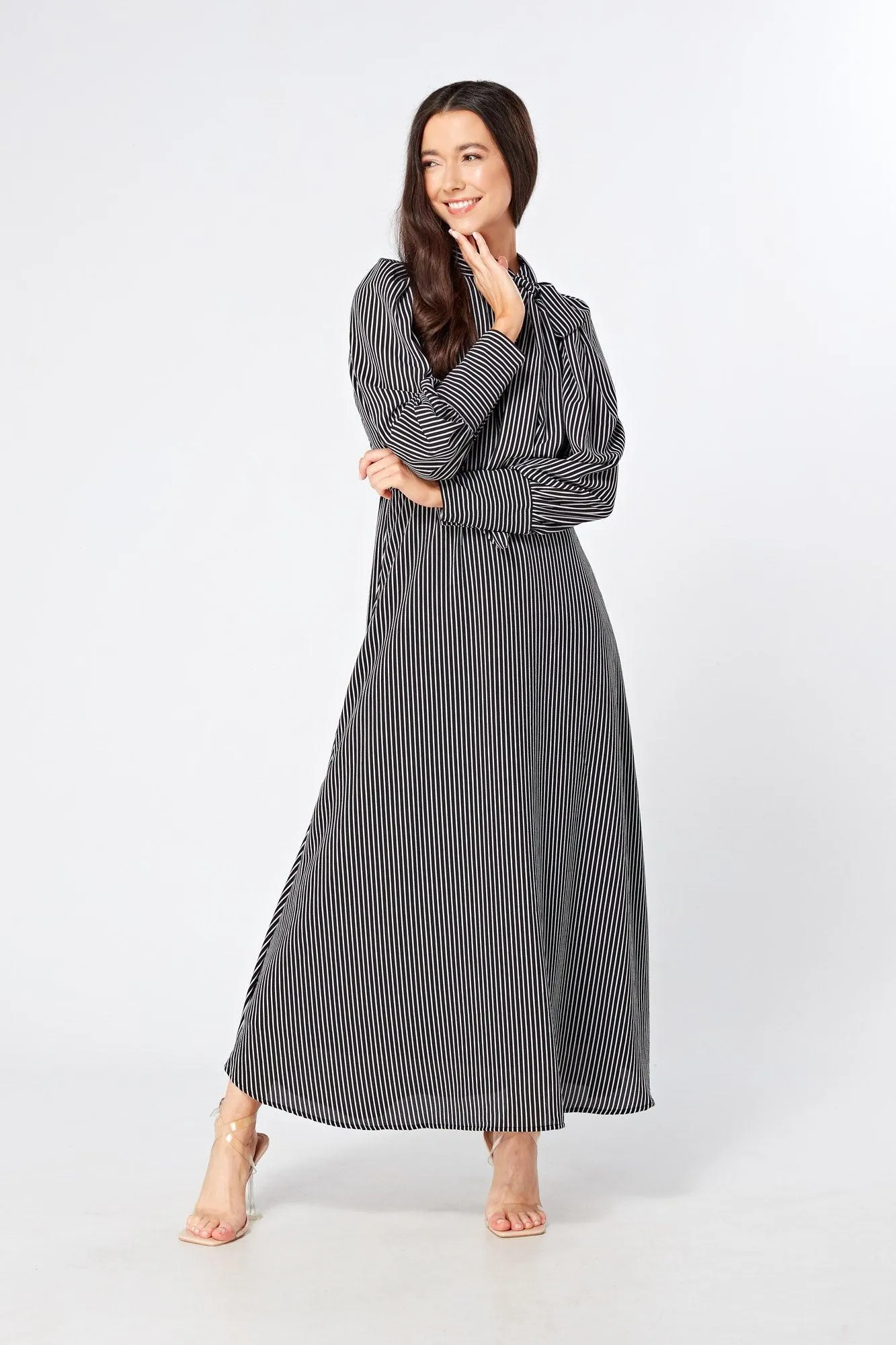 Lilia High Neck Pussybow Black And White Maxi Dress