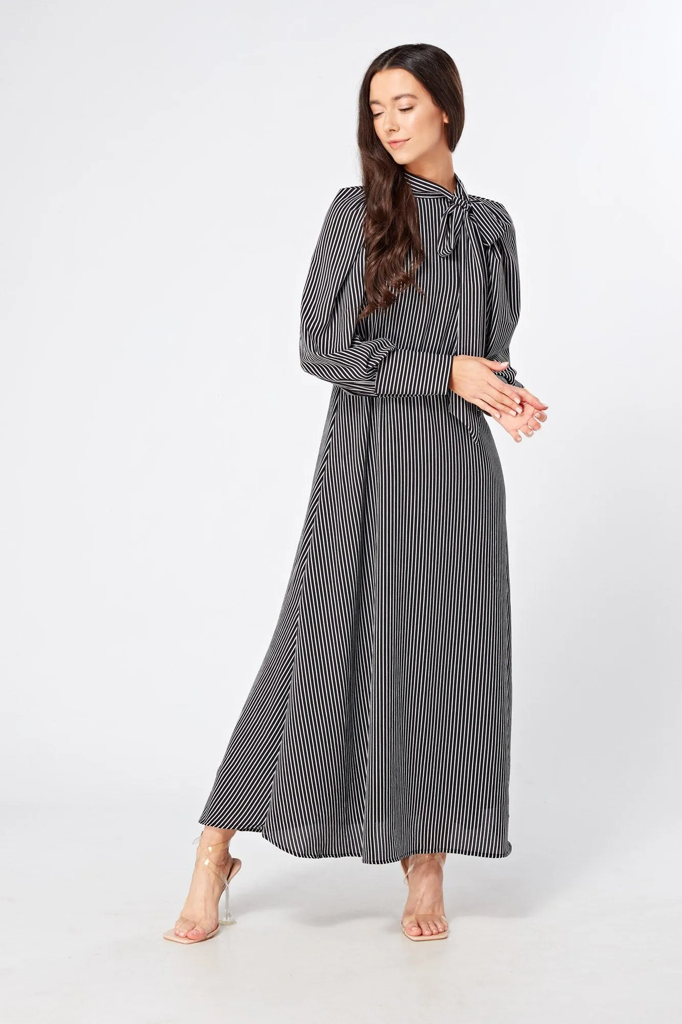 Lilia High Neck Pussybow Black And White Maxi Dress