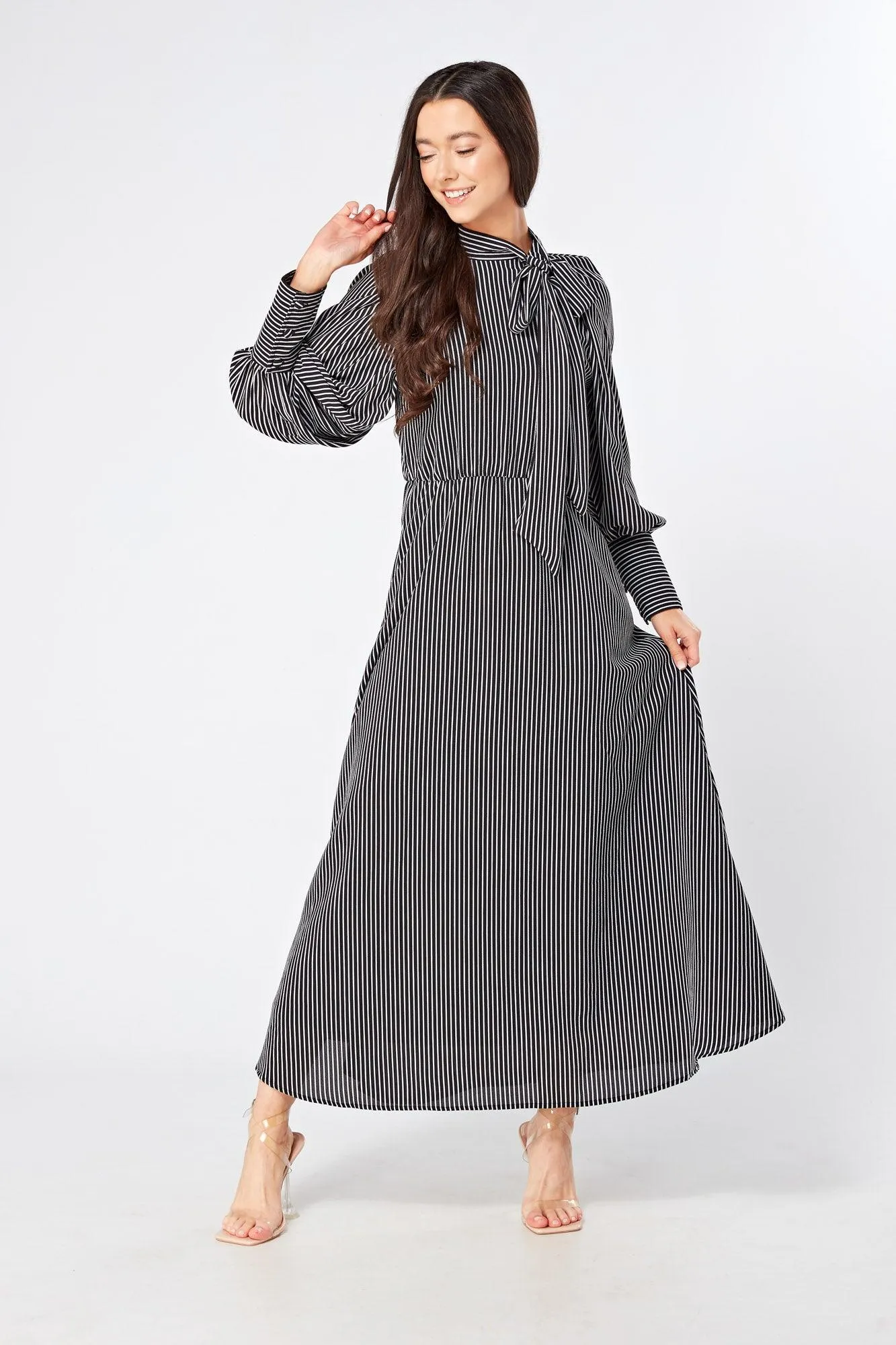 Lilia High Neck Pussybow Black And White Maxi Dress