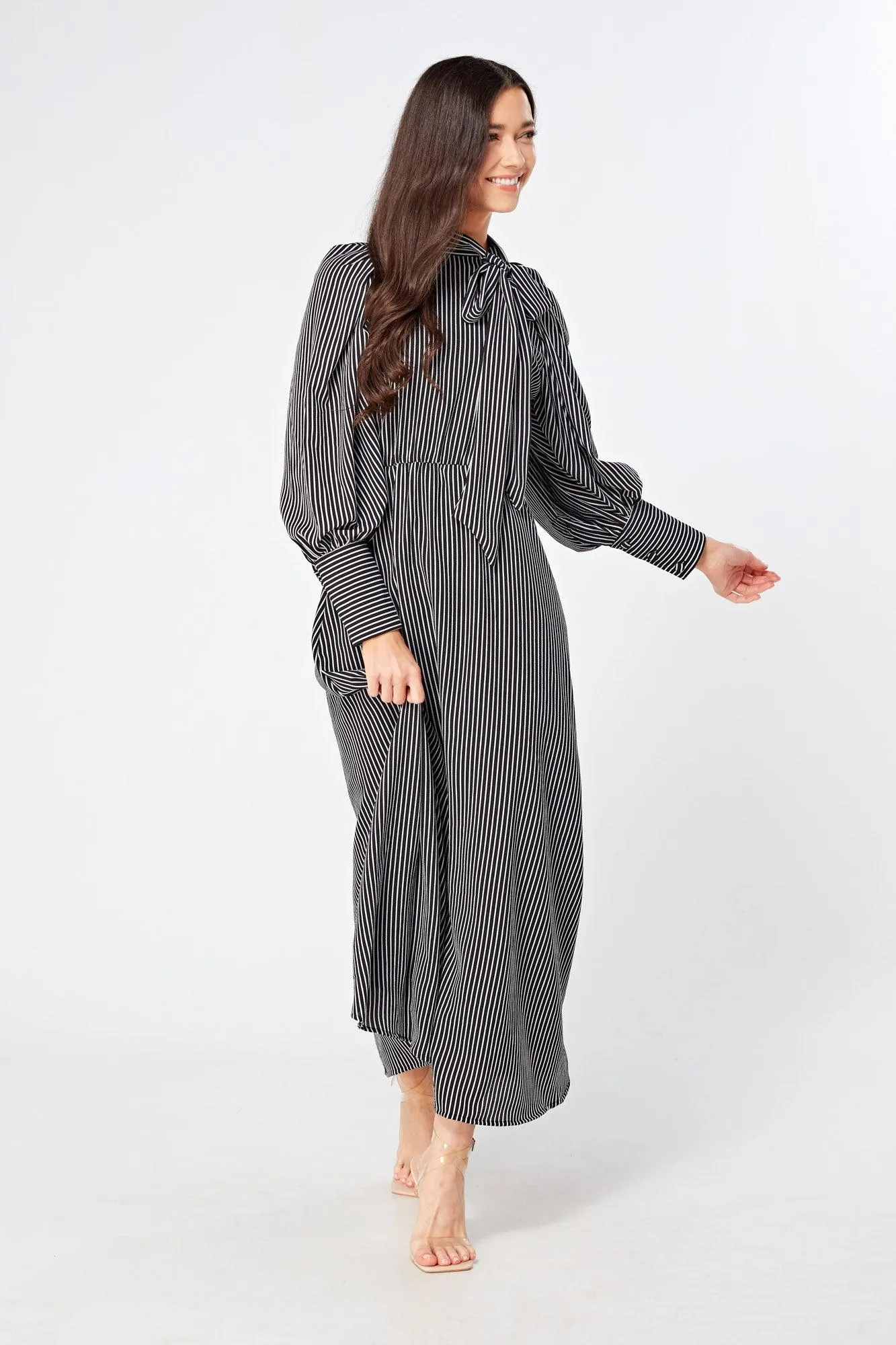 Lilia High Neck Pussybow Black And White Maxi Dress