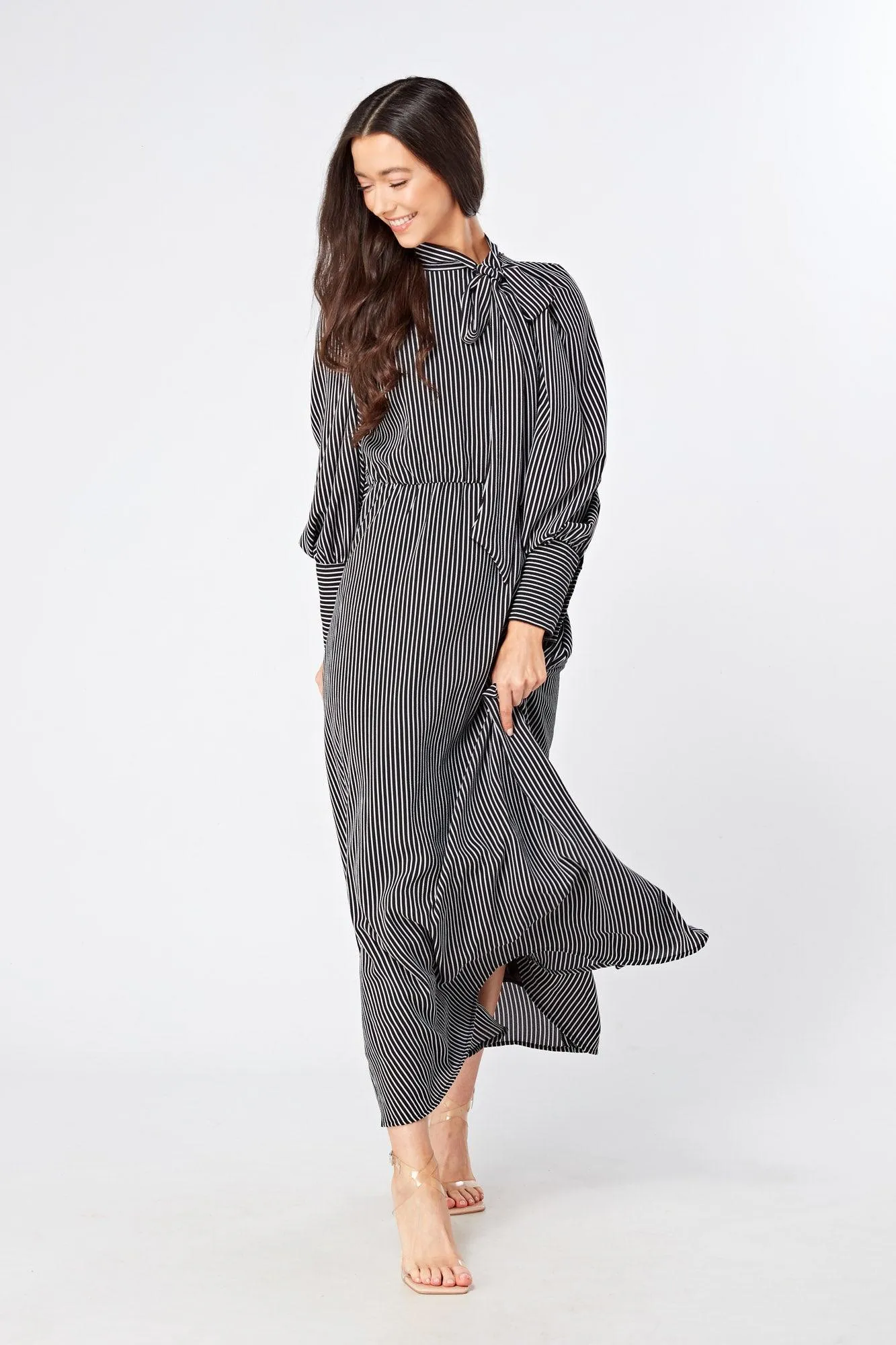 Lilia High Neck Pussybow Black And White Maxi Dress