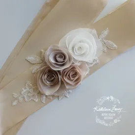 Lucille Wedding dress sash belt - floral roses with metallic corded lace - Champagne, Blush pink, taupe, nude