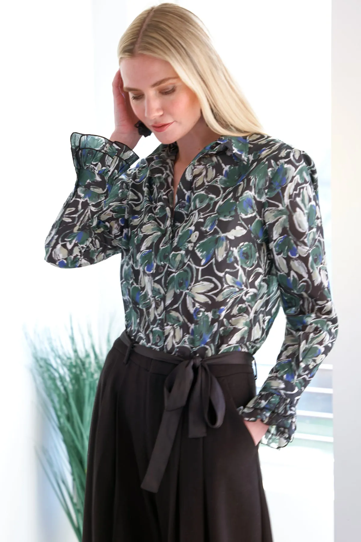 Marianne Shirt Wintergreen Foliage Print