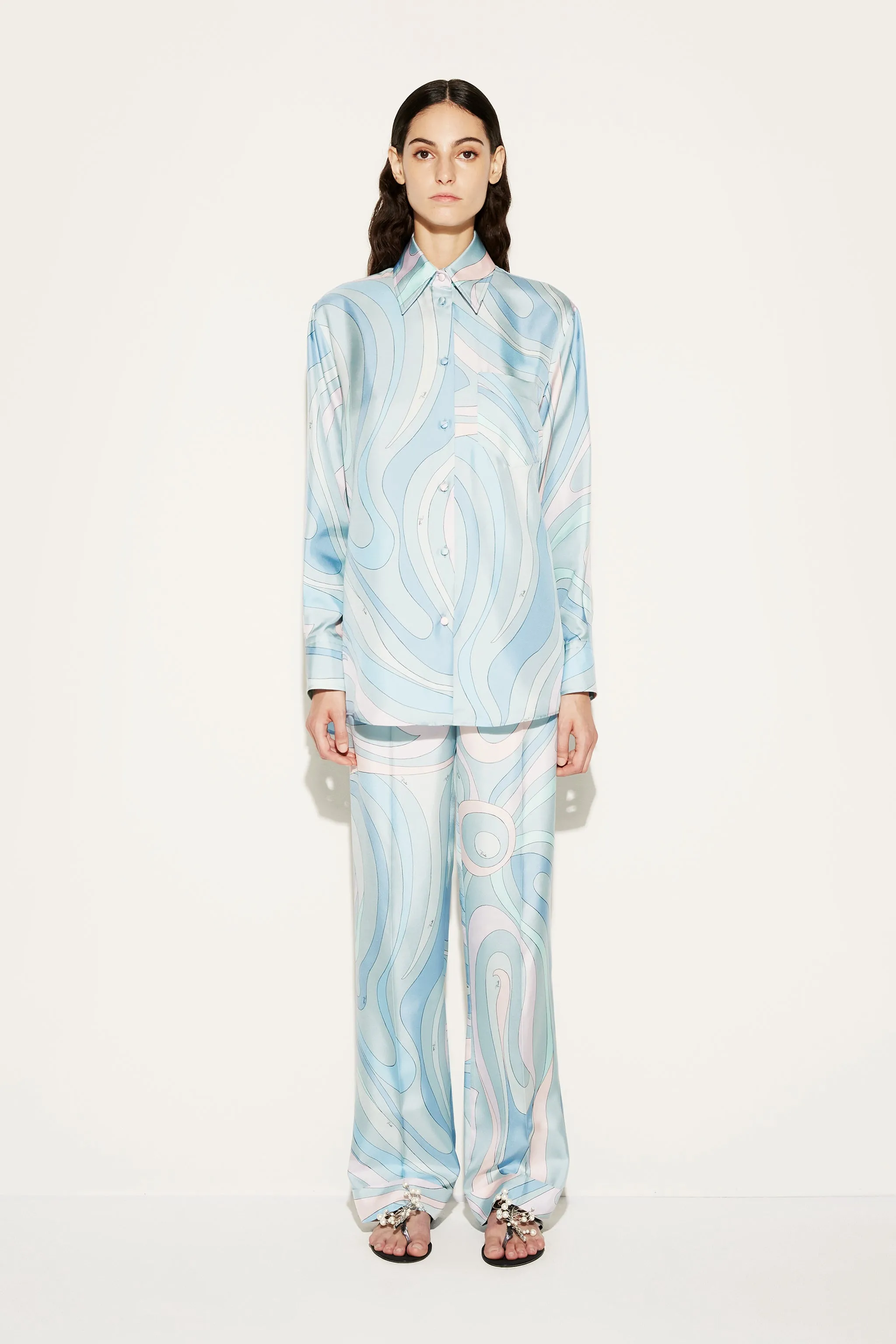 Marmo-Print Silk-Twill Trousers