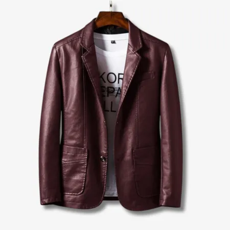 Men's Leather Jacket  Structured Fit  Stand Collar  Button Closure  Classic Style