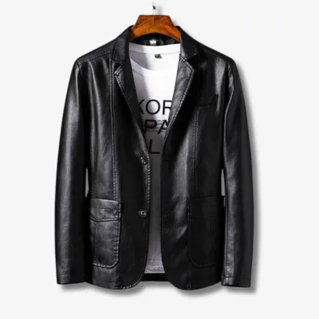 Men's Leather Jacket  Structured Fit  Stand Collar  Button Closure  Classic Style