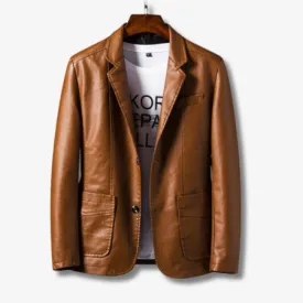 Men's Leather Jacket  Structured Fit  Stand Collar  Button Closure  Classic Style