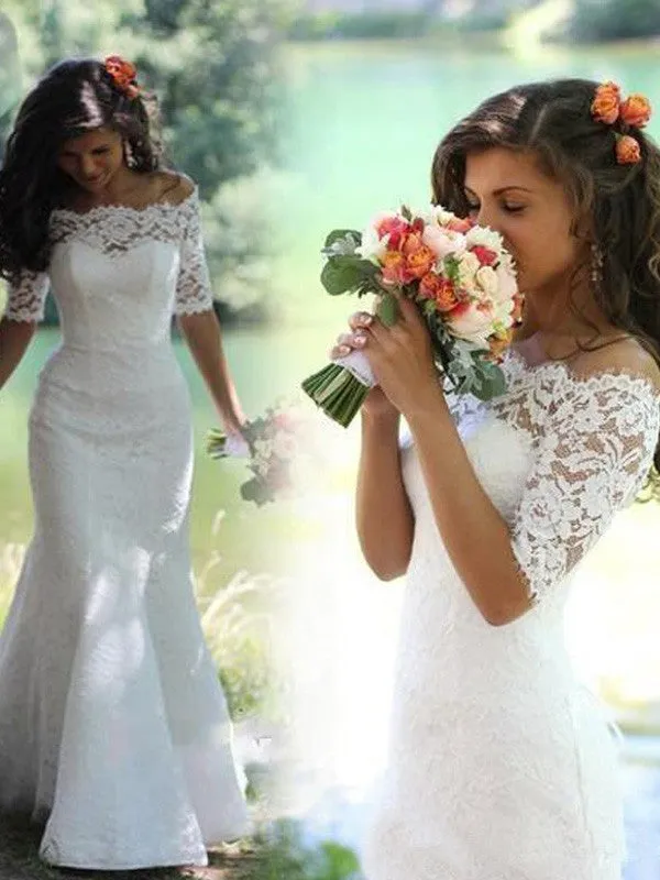 Mermaid 1/2 Sleeves Off-Shoulder Lace Sweep/Brush Train Wedding dress OW113