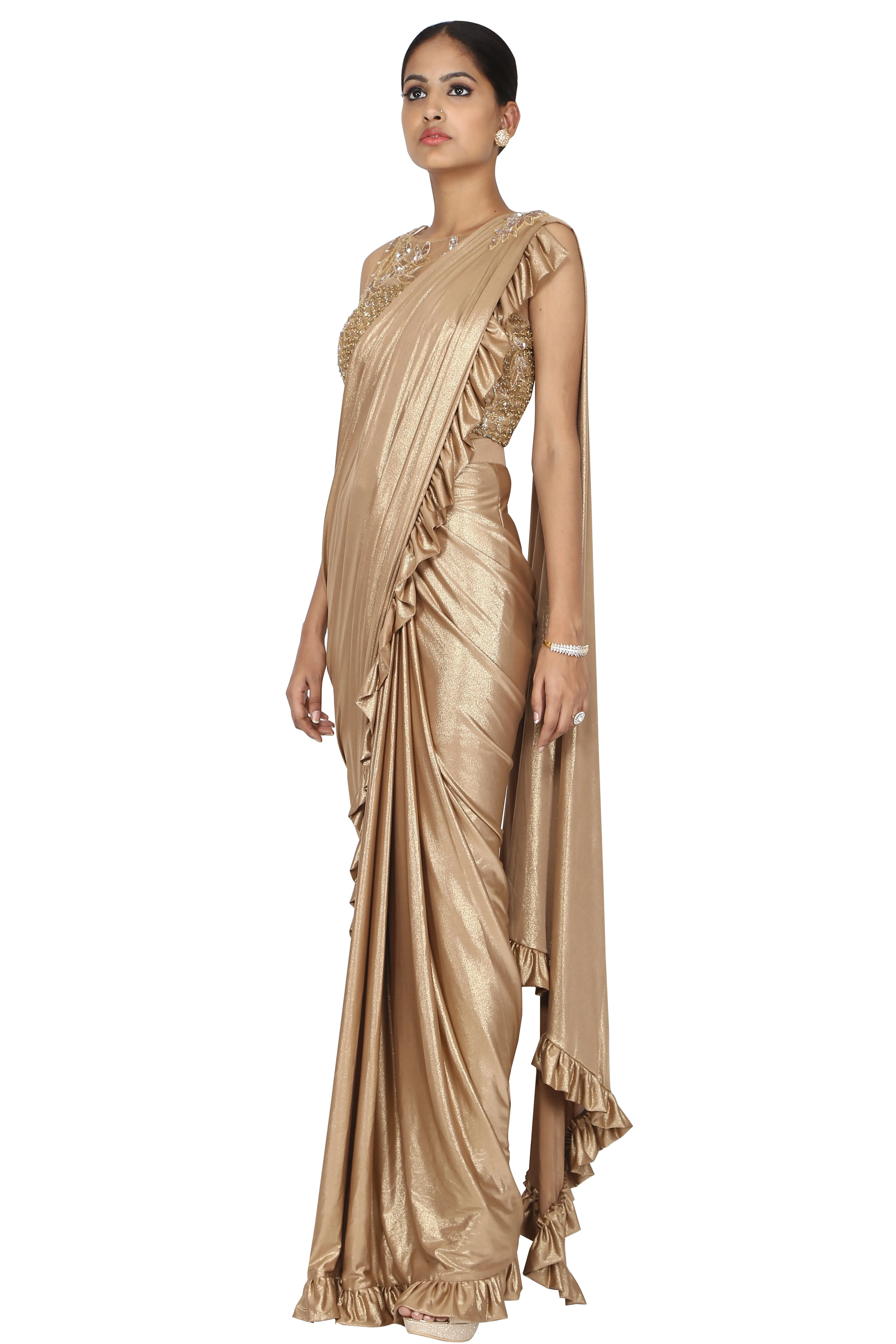 Metallic beige drape saree.