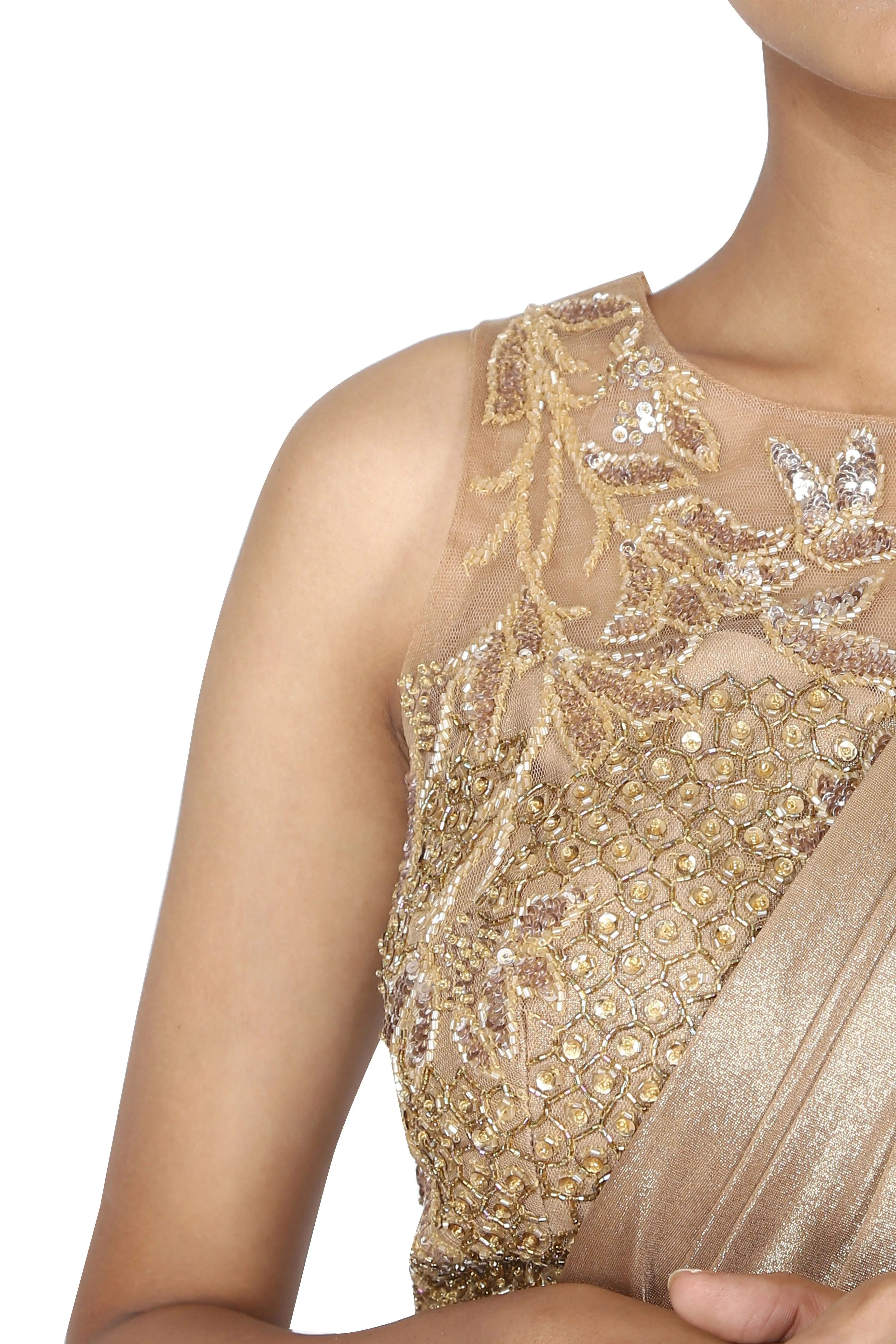 Metallic beige drape saree.