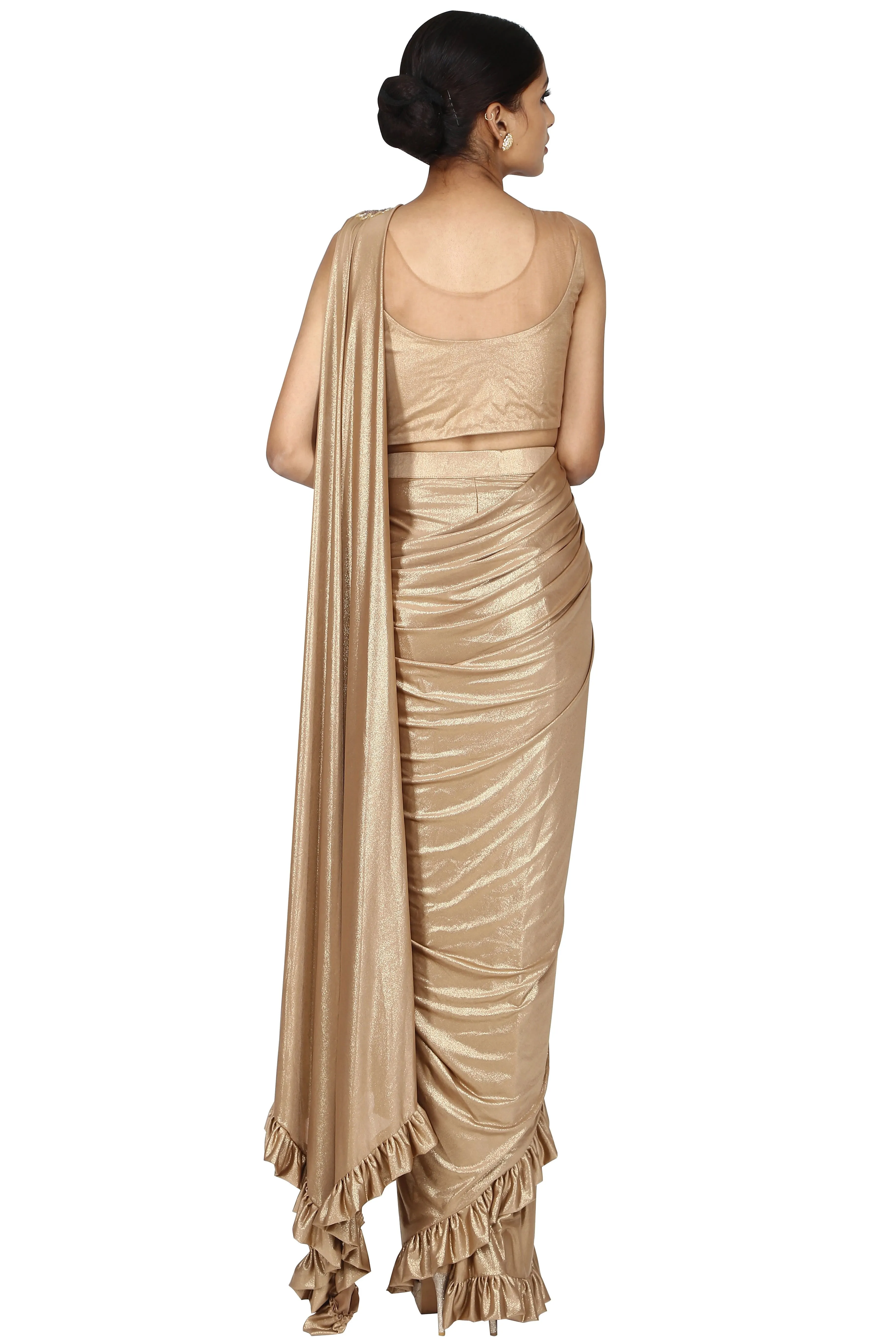 Metallic beige drape saree.