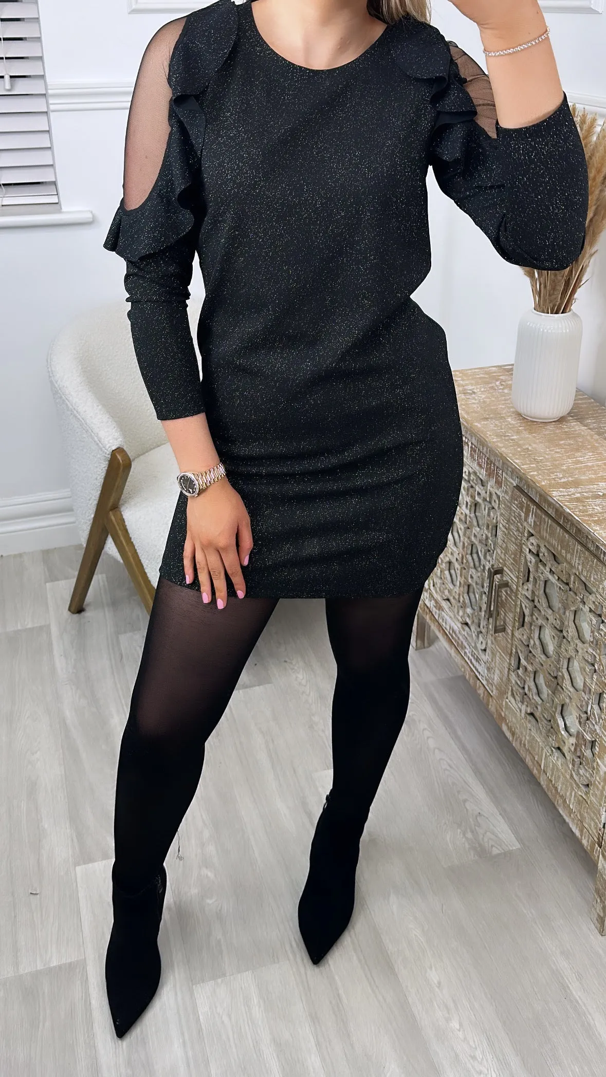 Mirabelle Black Ruffle Detail Mini Dress